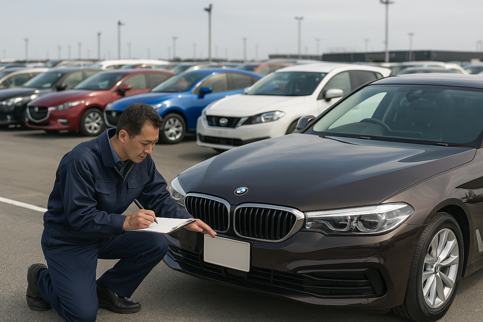 車をチェックする女性